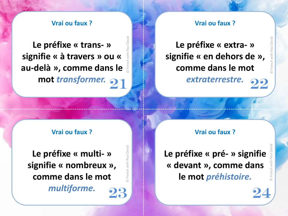Cards 21-24 on trans-, extra-, multi- and pré- meaning devant: students verify meanings with transformer and préhistoire