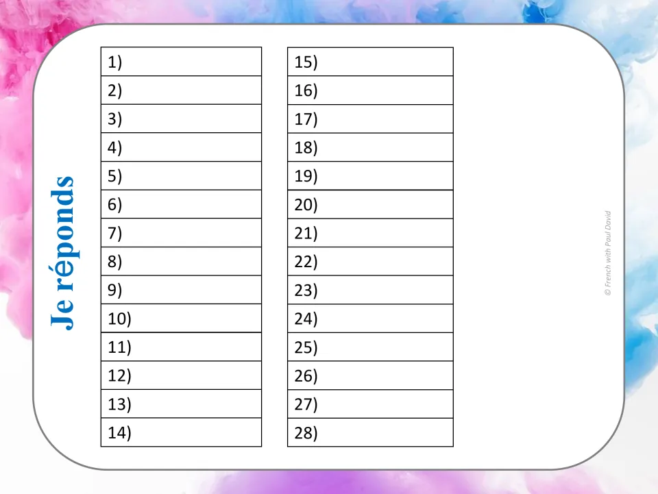 Je réponds answer sheet: students record vrai or faux for each of the 28 prefix cards in numbered spaces 1 to 28