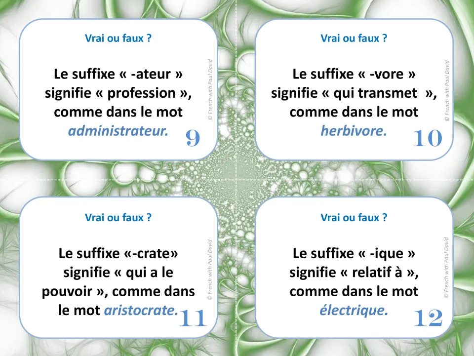Cards 9-12: students judge whether -ateur, -vore, -crate and -ique mean what each card claims, e.g. herbivore, électrique