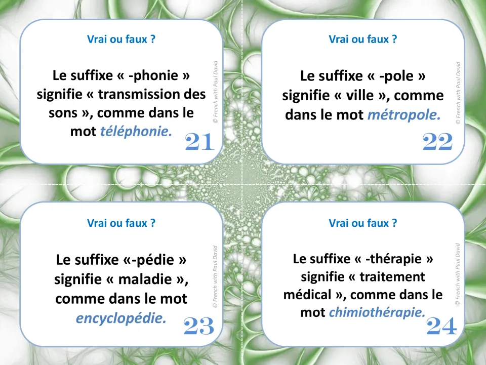 Cards 21-24 test suffix meanings: -phonie, -pole, -pédie and -thérapie, with téléphonie, métropole and encyclopédie