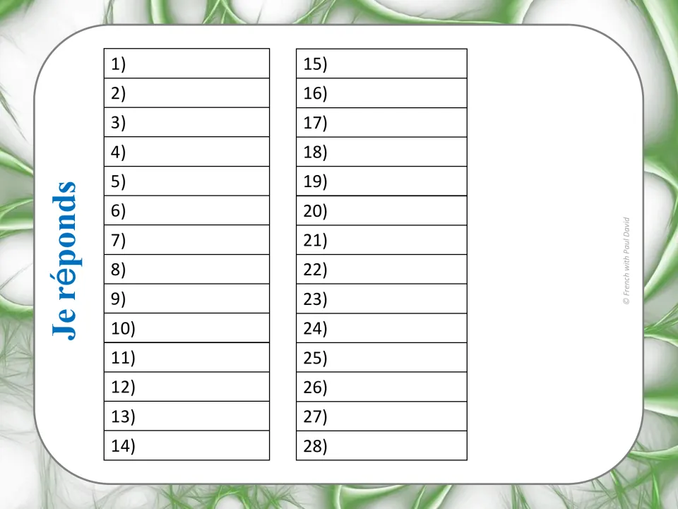 Je réponds answer sheet: students write vrai or faux beside numbers 1 to 28 as they work through the suffix cards