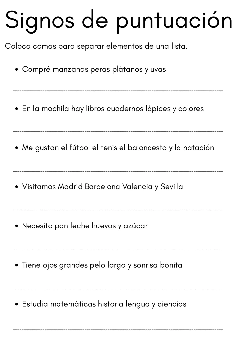 Spanish commas in lists: students rewrite 7 sentences such as Compré manzanas peras plátanos y uvas, adding the commas