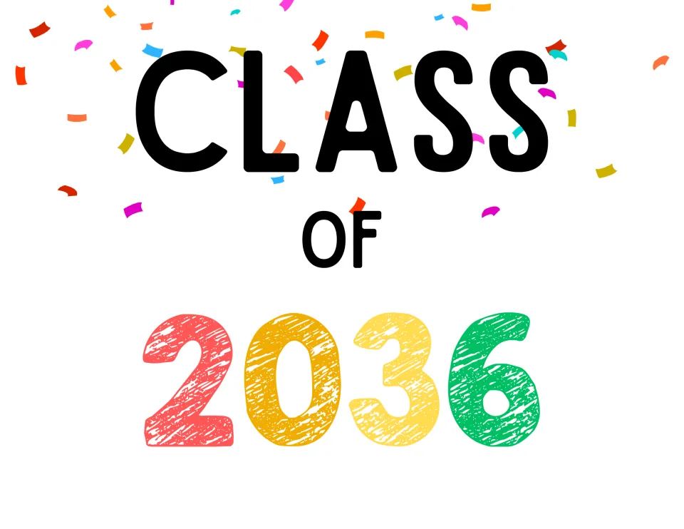 Class of 2036 sign in bold black and rainbow crayon numerals with confetti, a graduation-year prop for first day photos