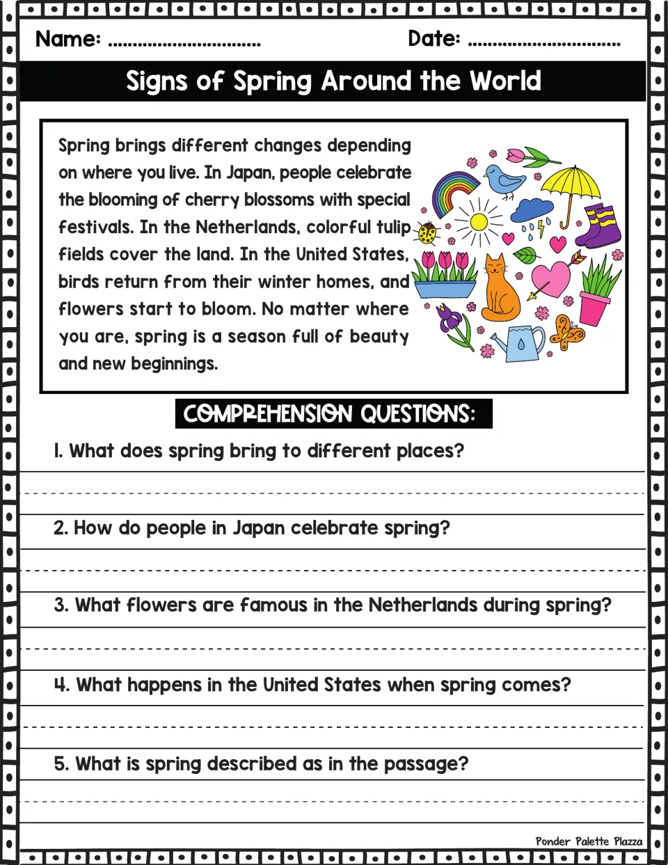 Reading passage about spring in Japan, the Netherlands, and the United States, with five comprehension questions.