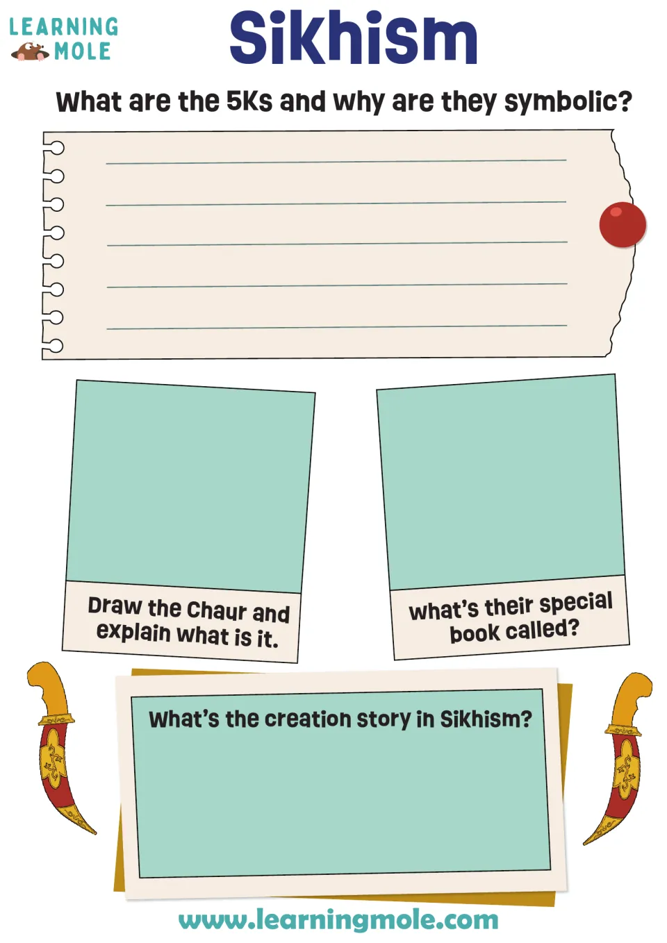 Sikhism questions: students explain the 5Ks, draw the Chaur, name the special book and retell the creation story