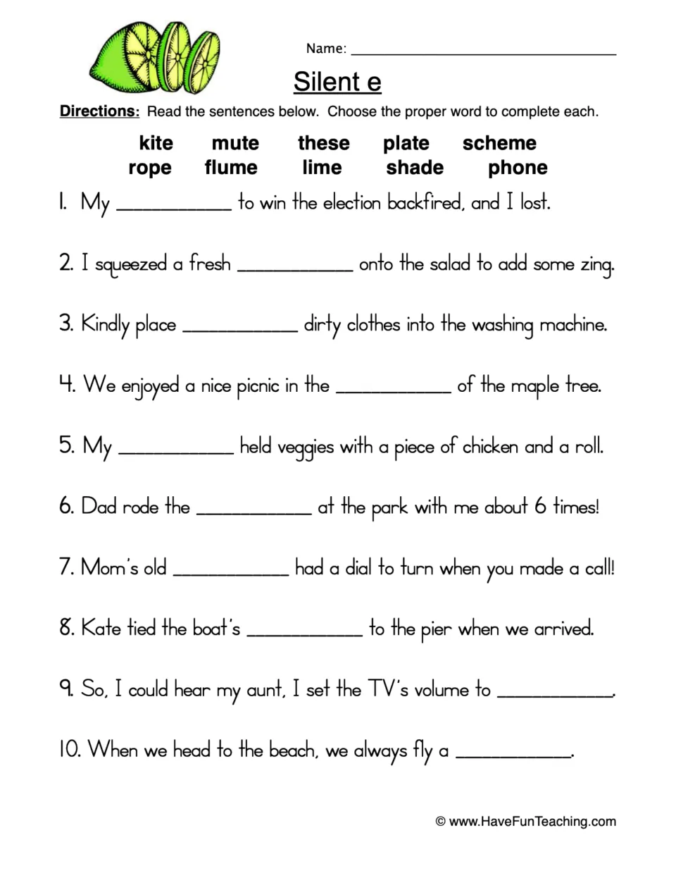 Silent e words: students pick from a 10-word bank (kite, lime, phone, rope...) to fill in the blank in 10 sentences