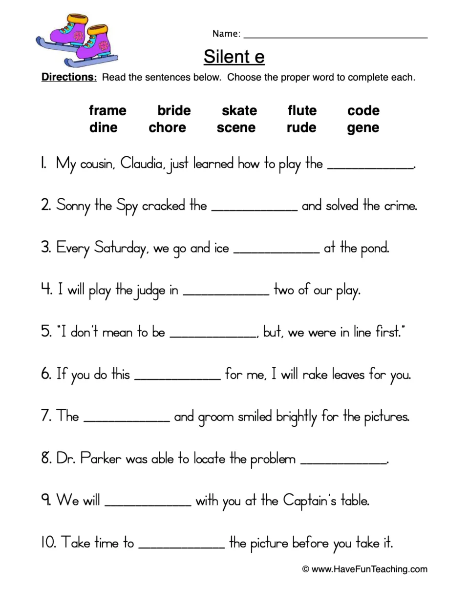 Silent e words: students pick from a 10-word bank (skate, flute, bride, code) to fill the blank in each of 10 sentences