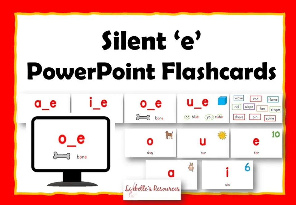 Cover of Silent e PowerPoint Flashcards: Phonics Presentations, showing sample vowel and word cards