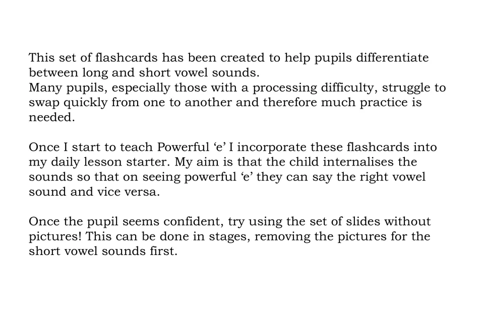 Teacher guidance for vowel flashcards explains daily lesson starters and gradually removing picture cues