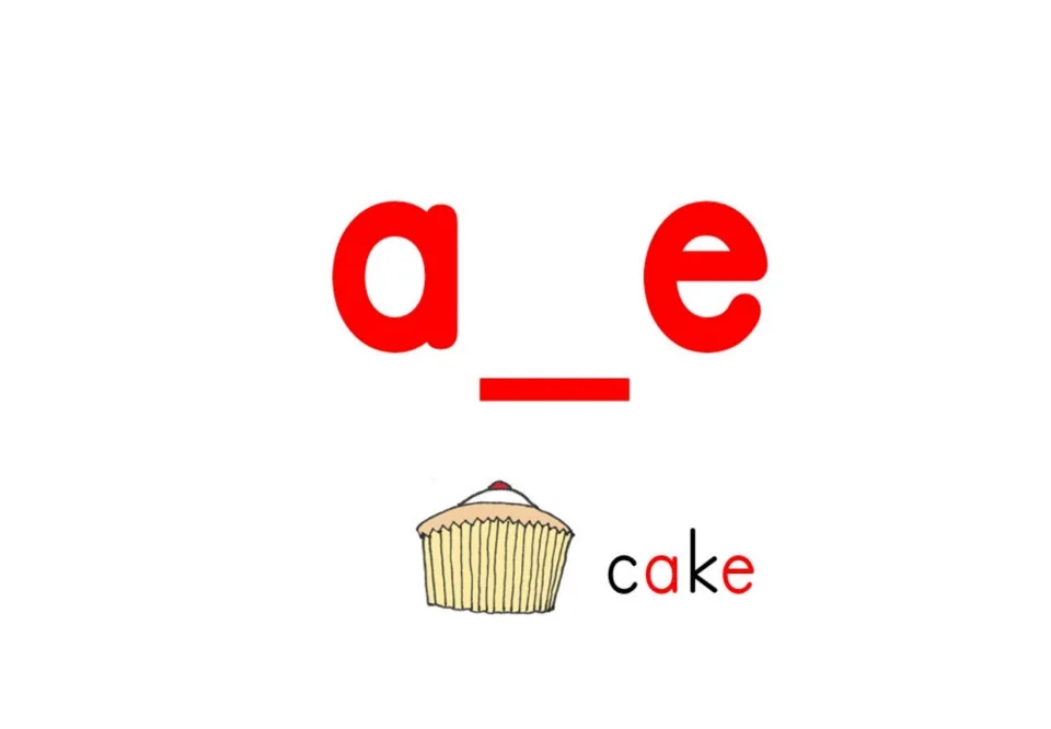 Silent-e flashcard for long a shows a_e and the word cake, with a cupcake picture as the sound cue