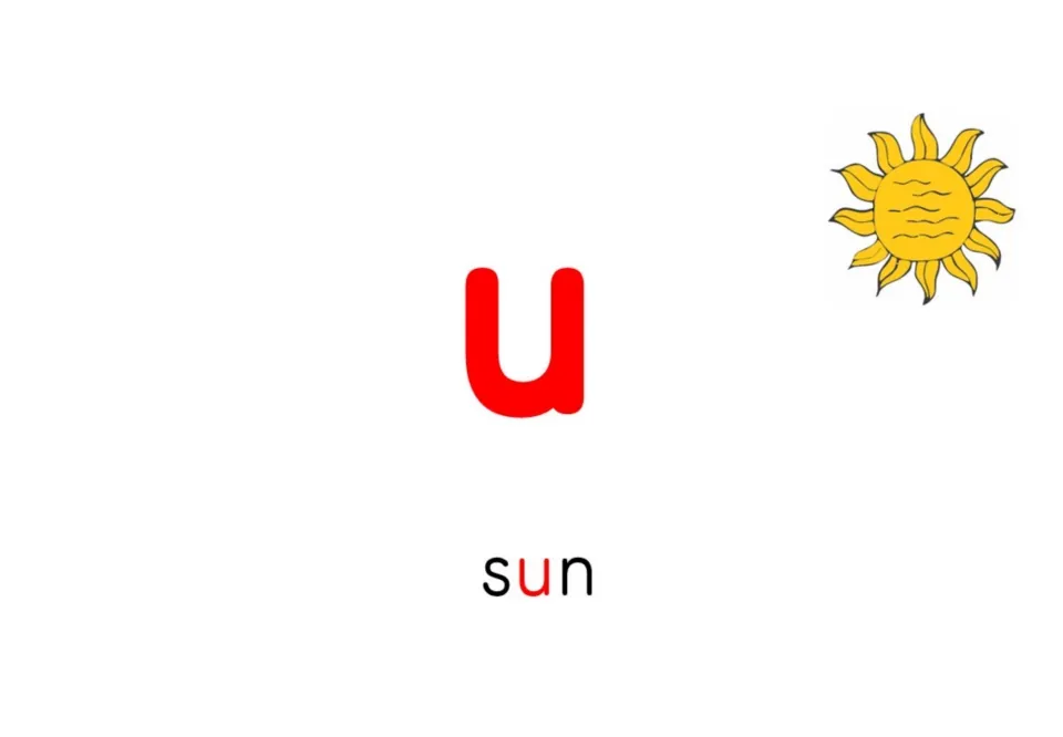 Short-vowel flashcard for u shows the letter u and the word sun, with a sun picture as the sound cue