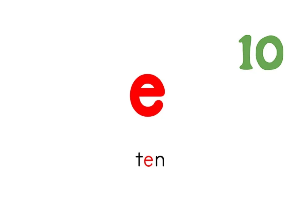 Short-vowel flashcard for e shows the letter e and the word ten, with the number 10 as the sound cue