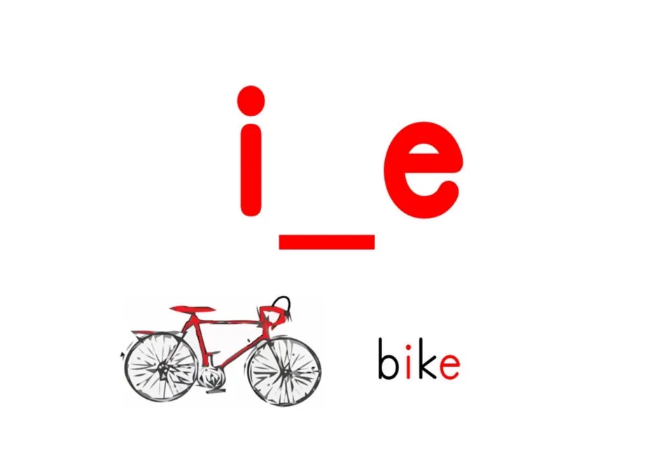 Silent-e flashcard for long i shows i_e and the word bike, with a bicycle picture as the sound cue