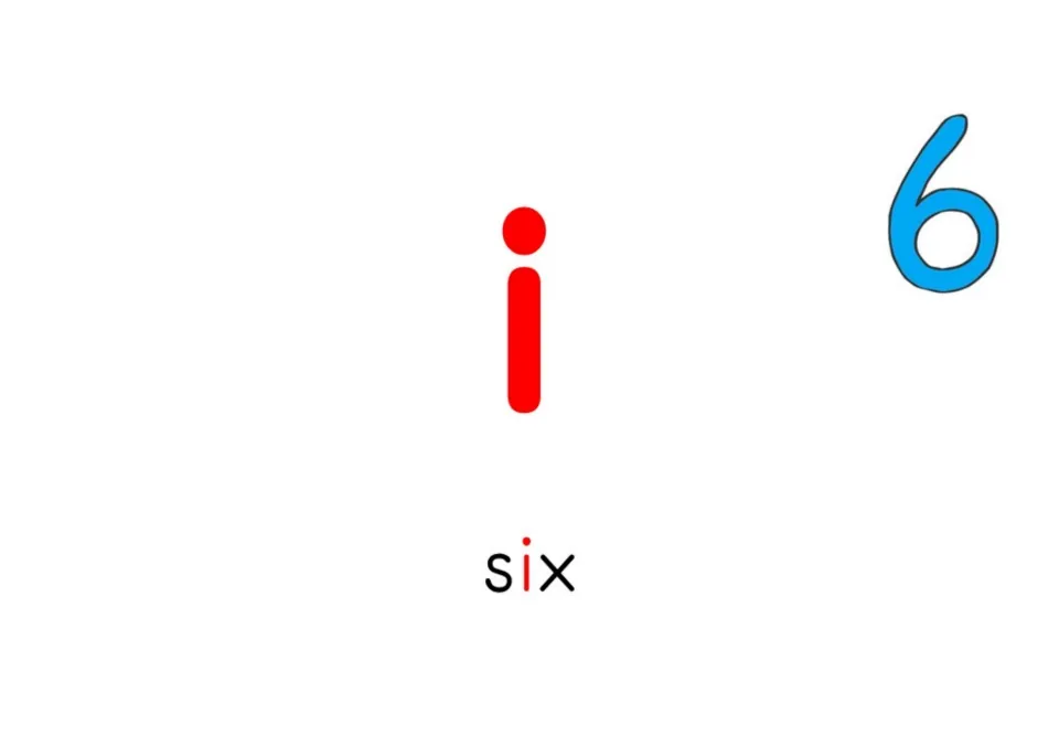 Short-vowel flashcard for i shows the letter i and the word six, with the number 6 as the sound cue