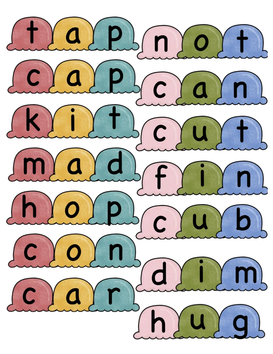 CVC word scoops to cut out: tap, cap, kit, mad, hop, con, car, not, can, cut, fin, cub, dim and hug, one letter per scoop