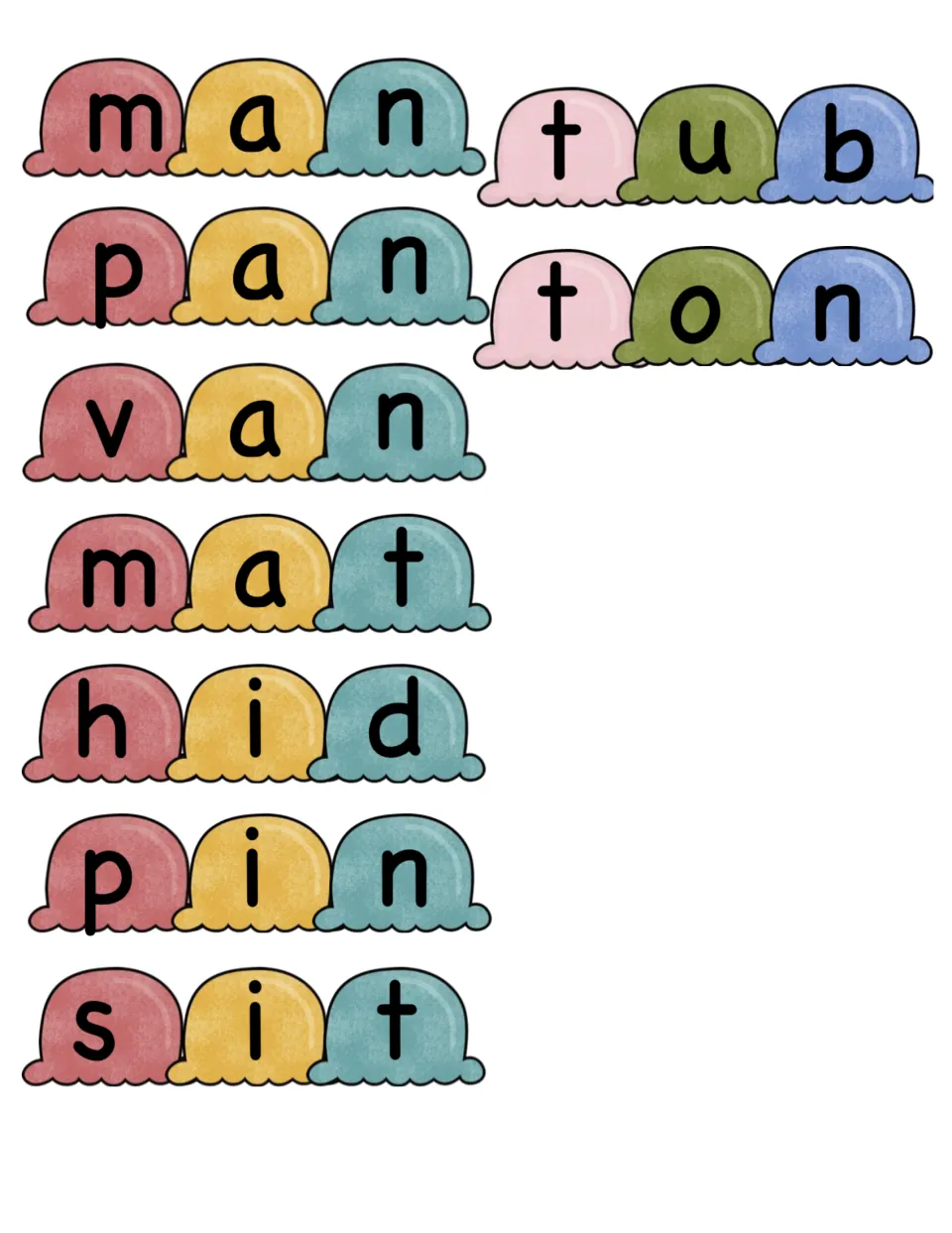More CVC word scoops to cut out: man, pan, van, mat, hid, pin, sit, tub and ton, each letter on its own ice cream scoop