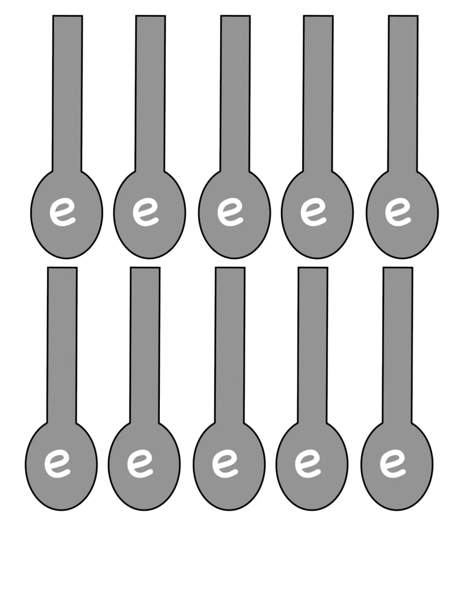 Silent e spoons: ten gray spoon cut-outs, each marked e, that students add after a CVC word to make a long-vowel CVCe word