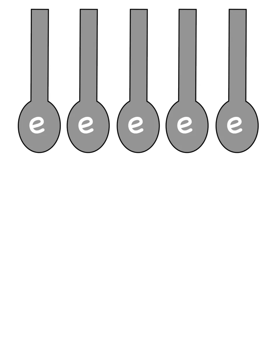 Five more silent e spoon cut-outs, finishing the set of e spoons students place after a scoop word to build long vowels