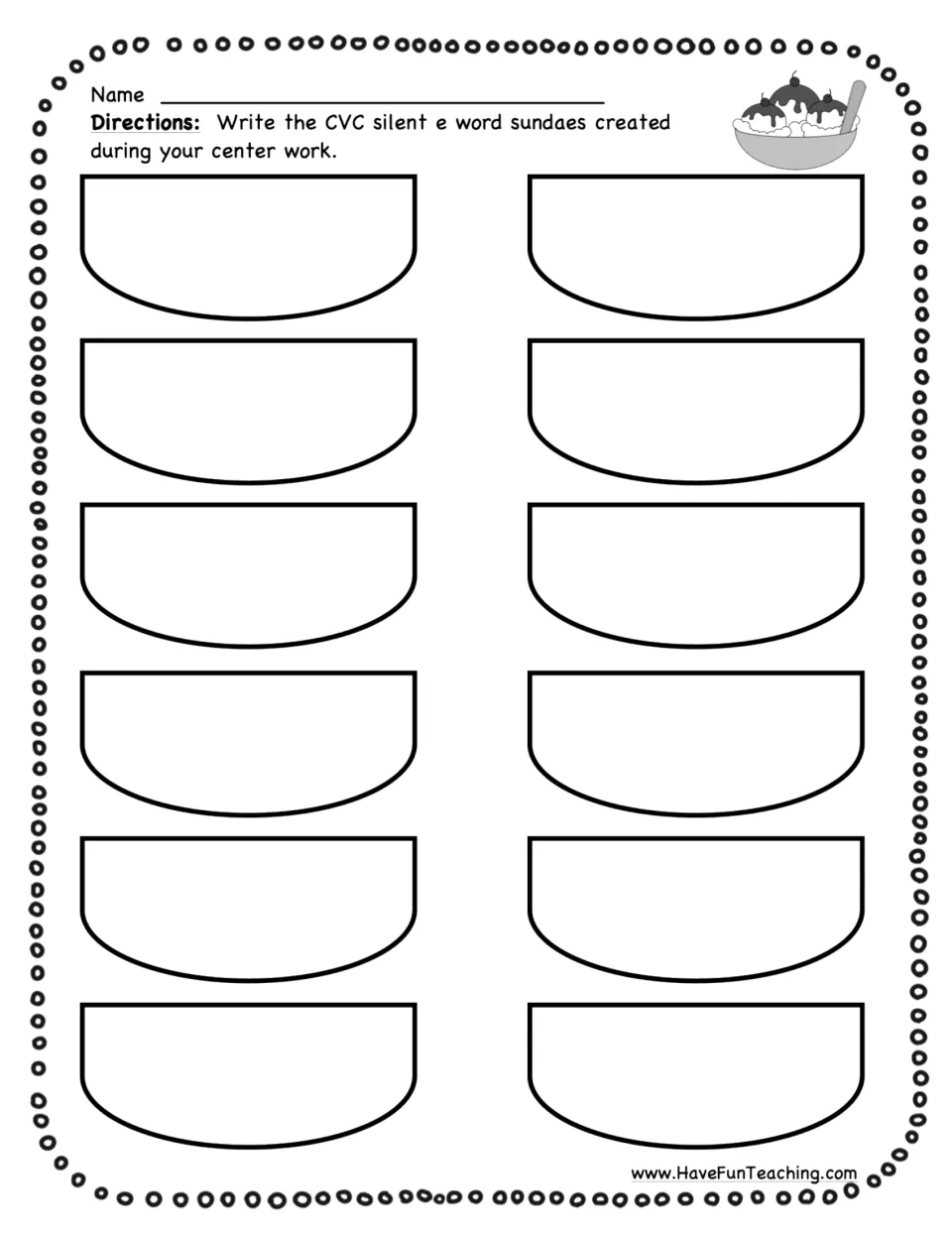 CVC silent e recording sheet: students write the word sundaes they made at the center inside 12 bowls, with a name line
