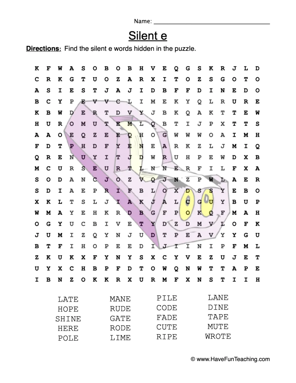 Silent e word search: find late, hope, shine, here, pole, mane, rude, gate, rode, lime and 10 more words.