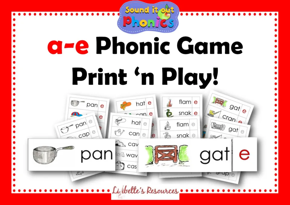 a-e Phonic Game Print 'n Play cover from Sound it out Phonics, showing picture word cards like pan and gat with e cards