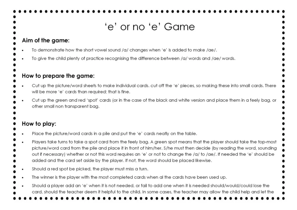 'e' or no 'e' Game directions: aim, preparing cards and spot bag, and turn rules for adding e to change /a/ to /ae/