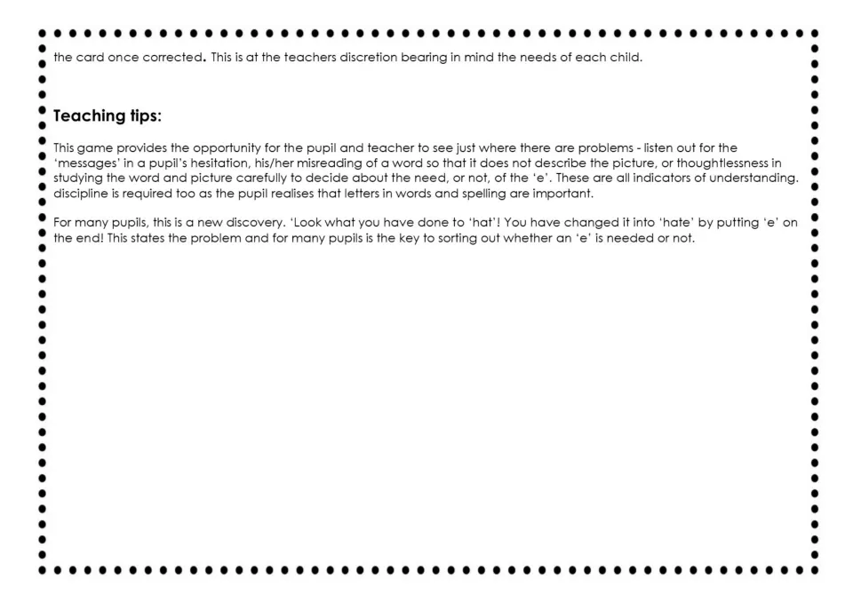 Teaching tips for the e game: watch for hesitation and misreading, and show how adding e turns 'hat' into 'hate'