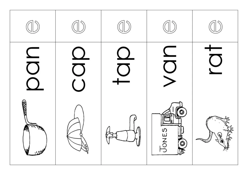 Black and white picture word cards pan, cap, tap, van and rat, each with a cut-off e piece for making the long a word