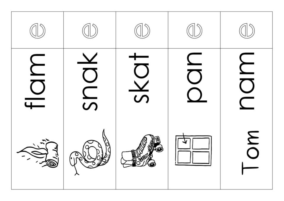 Black and white picture word cards flam, snak, skat, pan and nam, pictured as a flame, snake, skate, window pane and Tom
