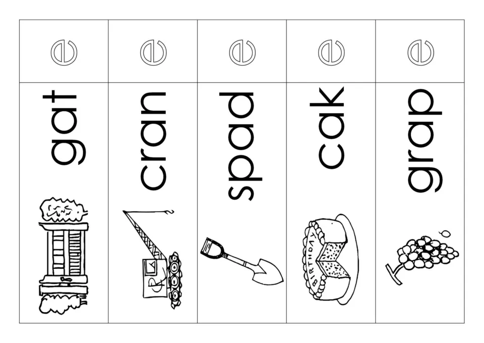 Black and white picture word cards gat, cran, spad, cak and grap showing a gate, crane, spade, birthday cake and grapes