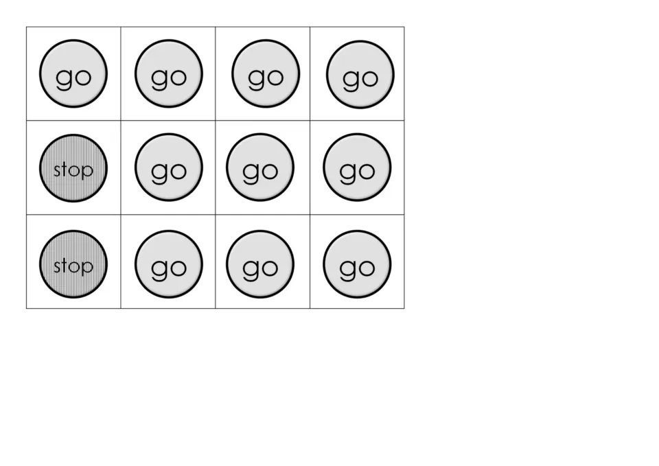 Spot cards for the feely bag: ten go circles and two stop circles that decide if a player draws a card or misses a turn
