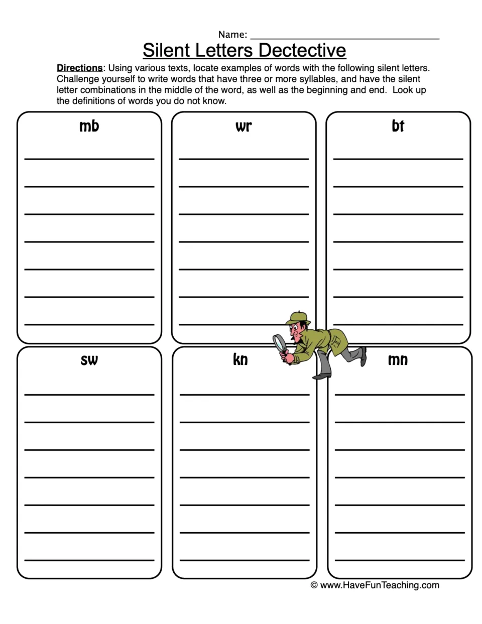 Silent-letter detective worksheet for finding words in various texts with mb, wr, bt, sw, kn, and mn.
