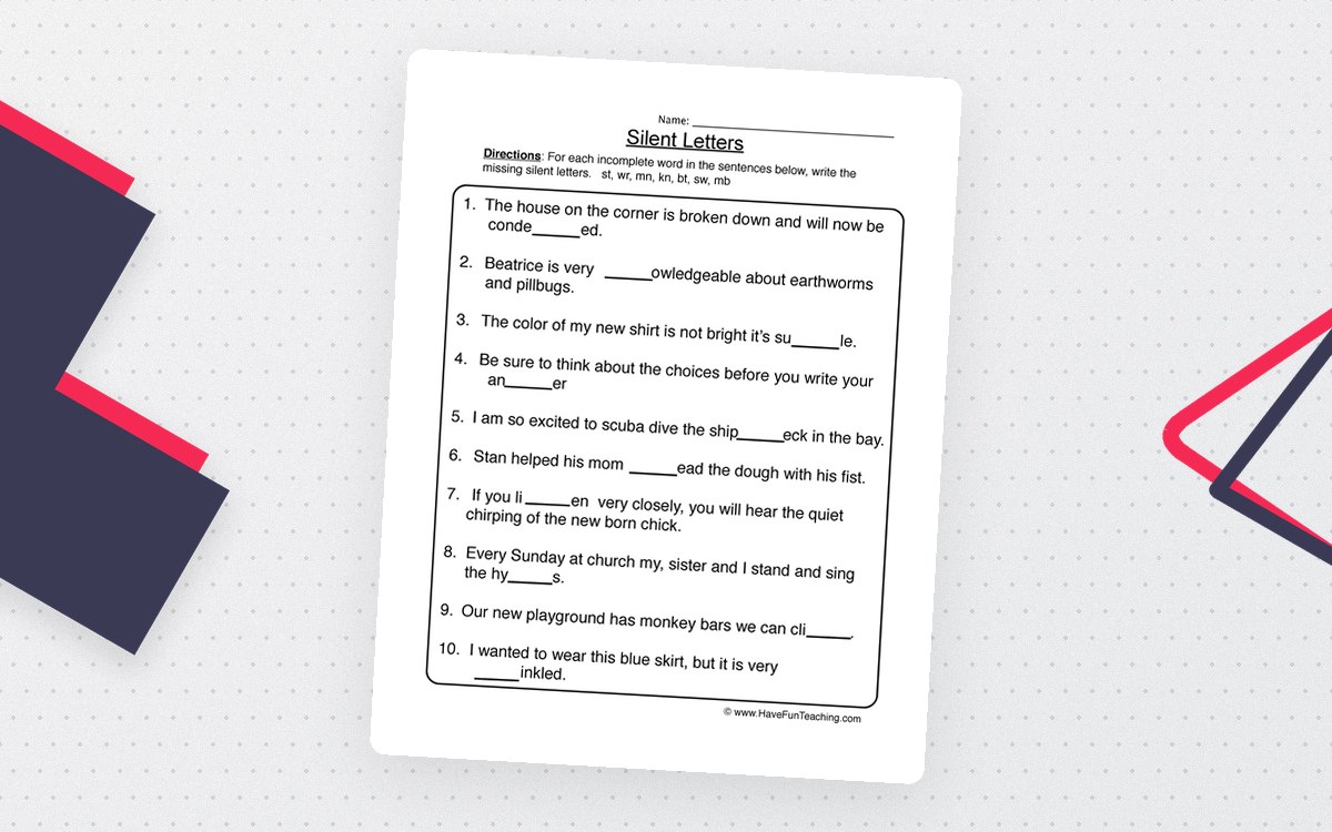 Silent Letters worksheet with ten sentence blanks and base words in parentheses