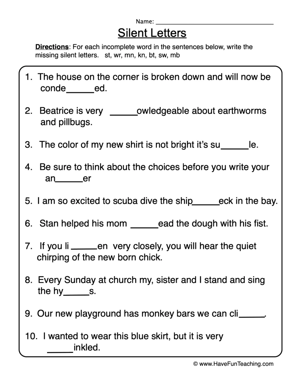 Silent letters: students fill in st, wr, mn, kn, bt, sw or mb to complete a missing word in each of 10 sentences