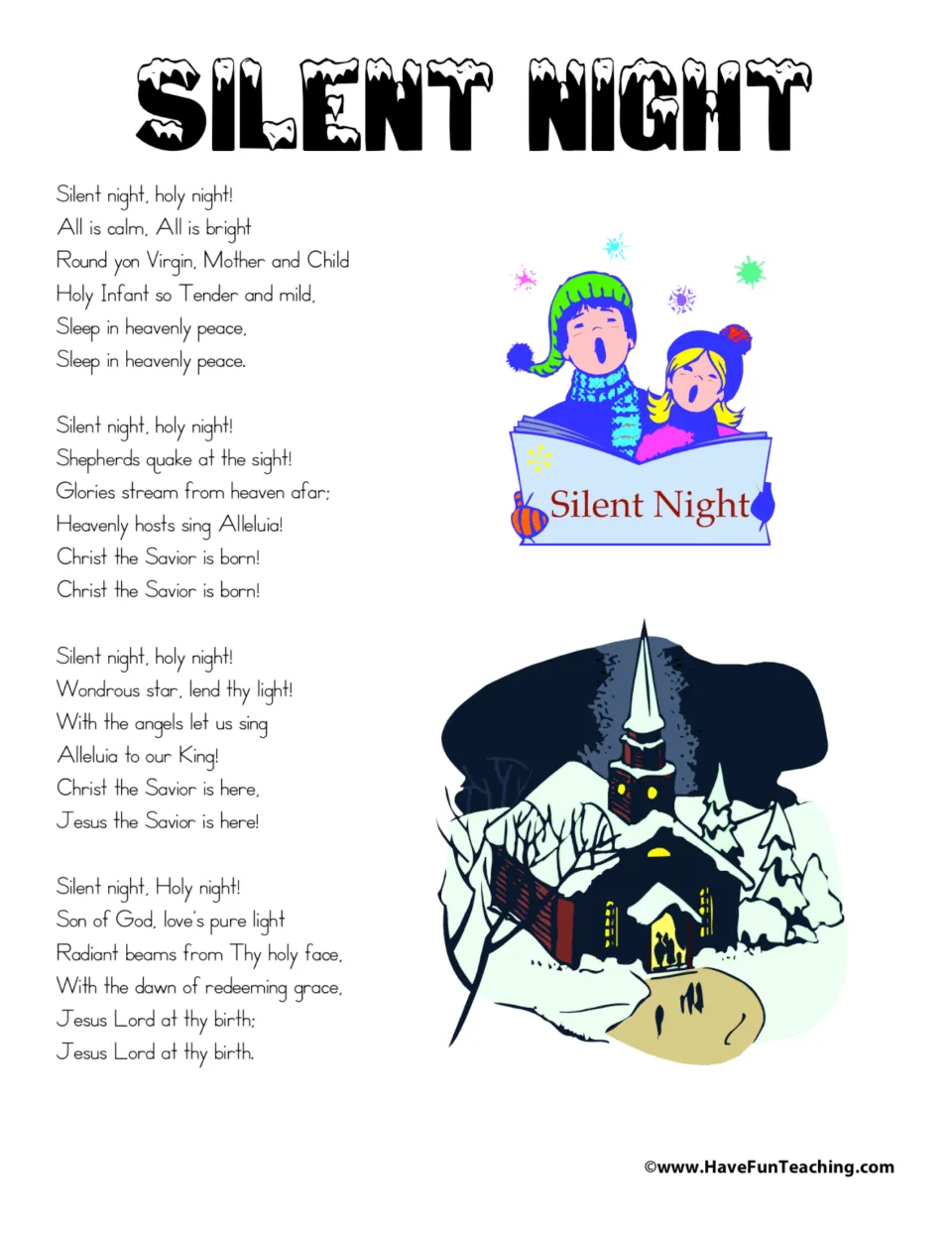 Christmas carol lyric sheet with four verses beginning 'Silent night, holy night!' and references to Jesus.
