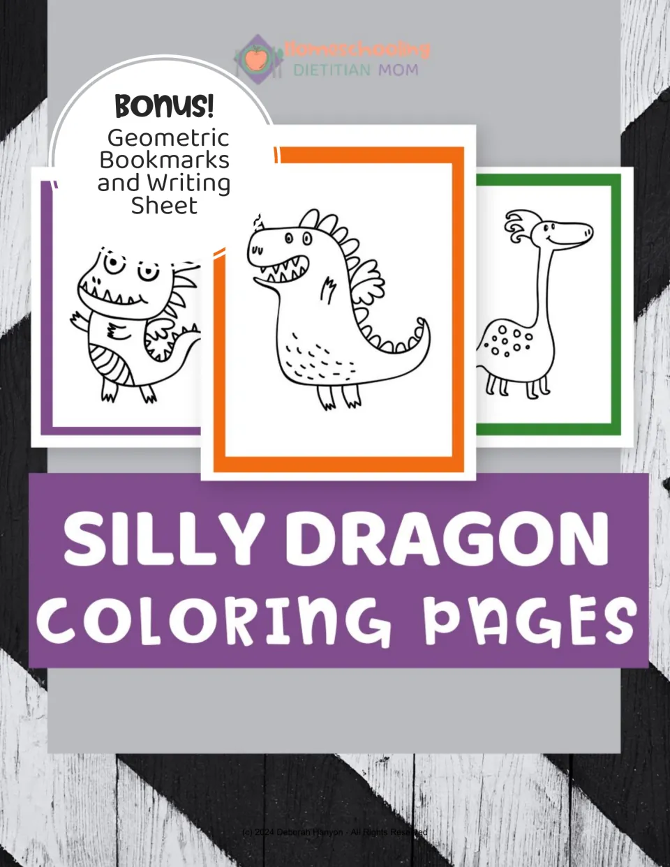 Dragon coloring pack cover showing three dragon designs and announcing geometric bookmarks and a writing sheet