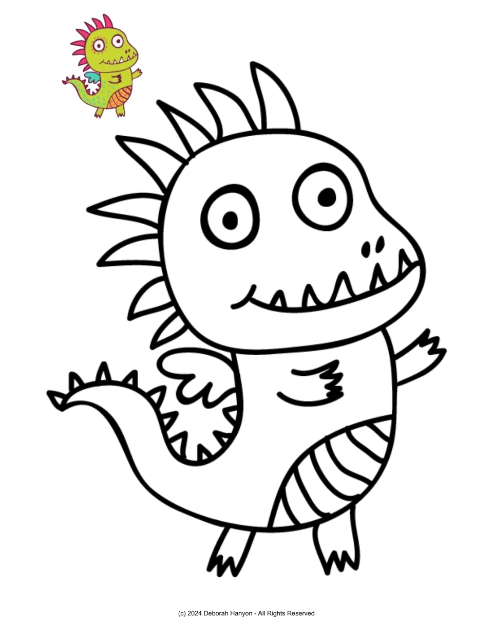 Dragon coloring poster featuring a wide-eyed dragon with a striped belly and a small colored example to follow