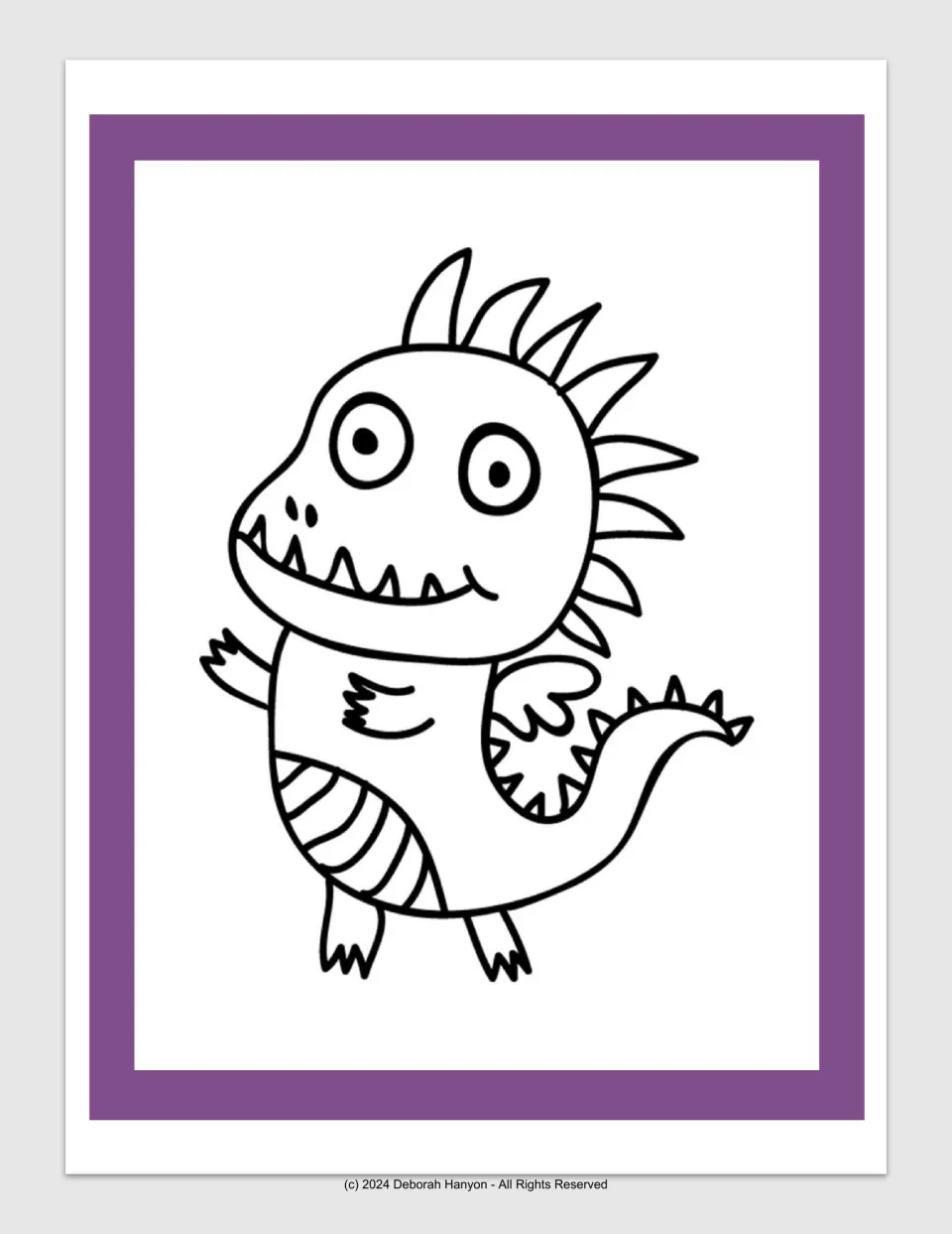 Dragon coloring poster featuring the first design alone: a wide-eyed dragon with a striped belly and tiny wings