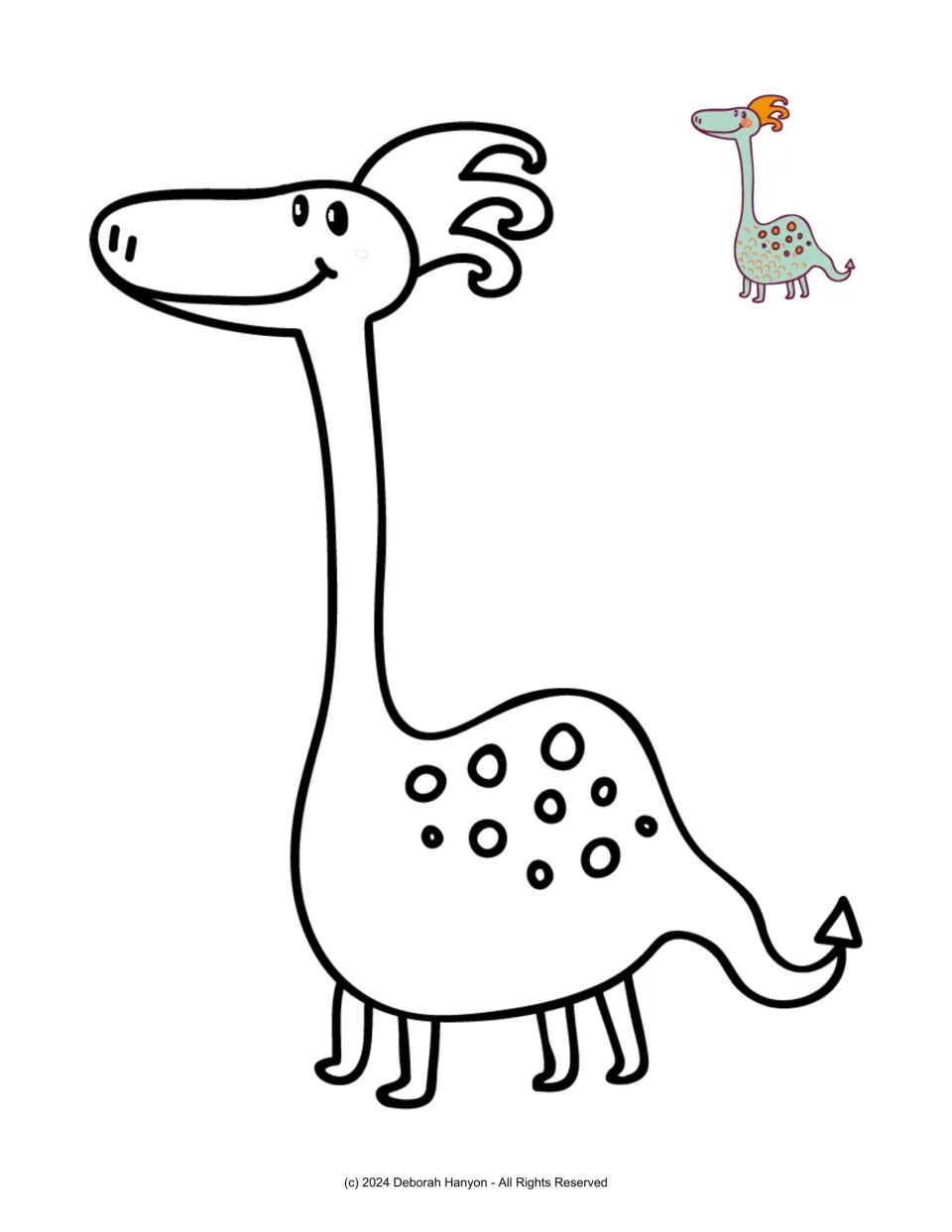 Dragon coloring poster featuring a smiling, long-necked dragon with body spots and a small colored example