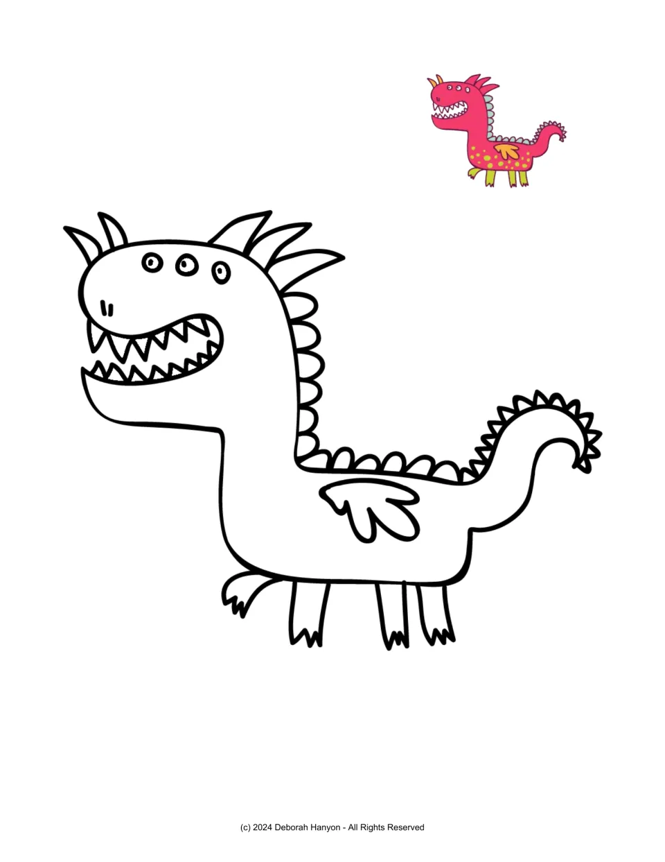 Dragon coloring poster featuring a three-eyed dragon with pointed teeth, a curled tail, and a colored example
