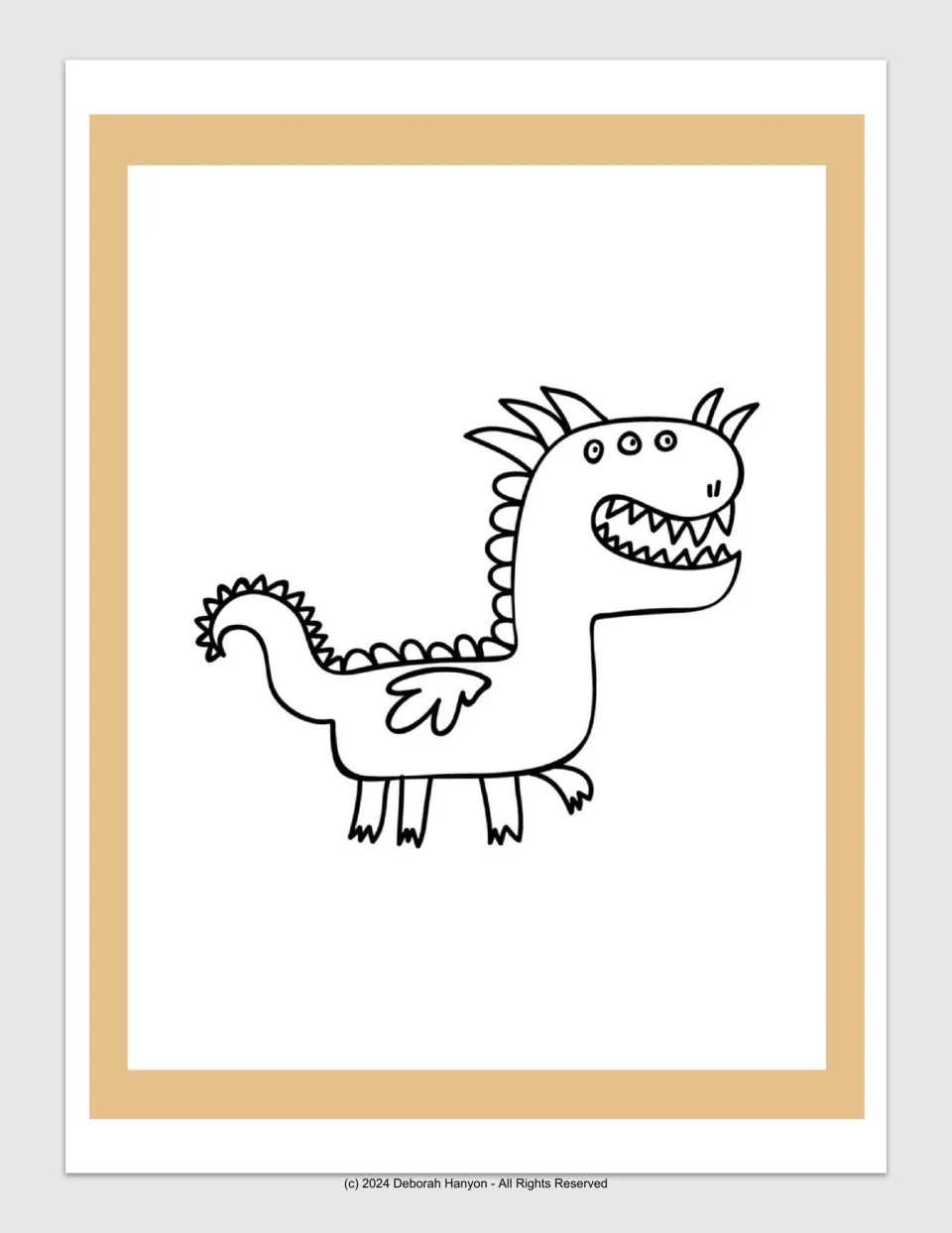 Dragon coloring poster featuring the third design alone: a three-eyed dragon with pointed teeth and small wings