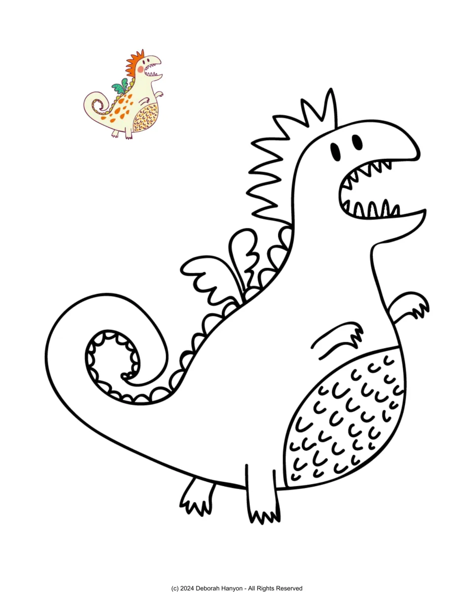 Dragon coloring poster featuring a dragon with a spiral tail, patterned belly, and a small colored example