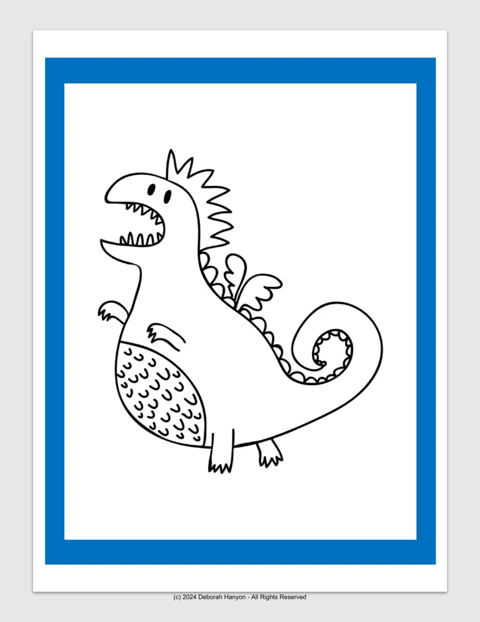 Dragon coloring poster featuring the fourth design alone: an open-mouthed dragon with a spiral tail and wings