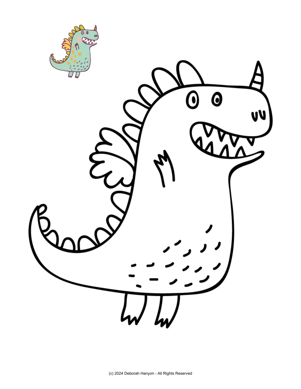 Dragon coloring poster featuring a horned dragon with rounded back spikes, tiny wings, and a colored example