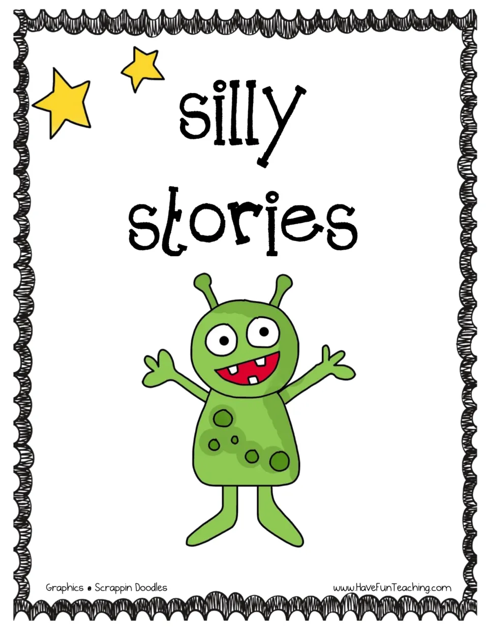 Silly stories cover with a smiling green alien and yellow stars, opening a set of who, where and plot story-writing cards