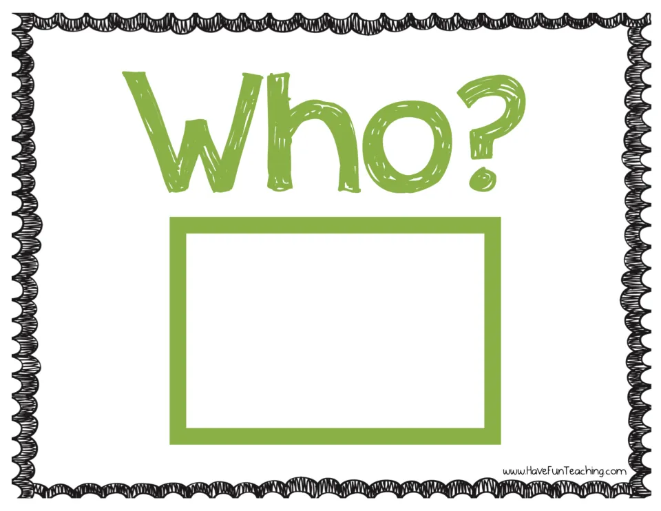 Who? story mat: students place a drawn character card under the green Who? heading to choose their story's main character