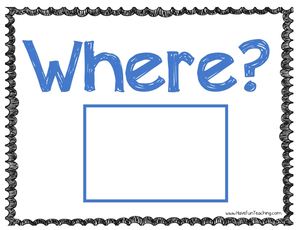 Where? story mat: students place a drawn setting card under the blue Where? heading to decide where their story happens