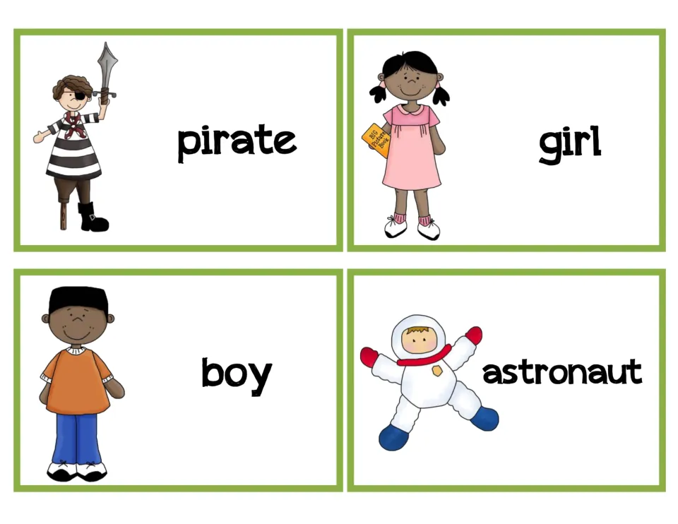 Character cards: picture word cards for pirate, girl, boy and astronaut that students draw to pick a story's main character