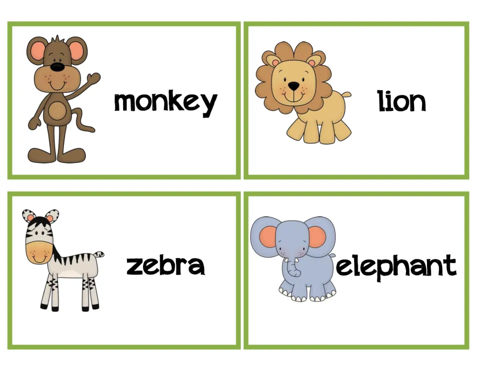 Animal character cards for monkey, lion, zebra and elephant, each a labeled picture students can draw as a story character