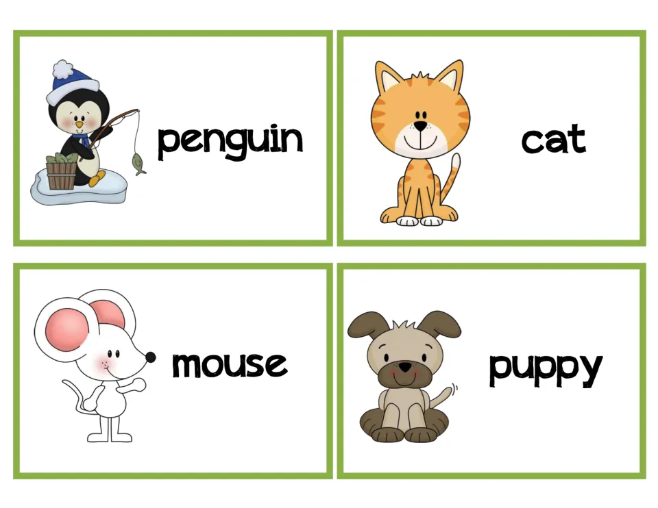 Pet and animal character cards for penguin, cat, mouse and puppy, used as picture-word choices for who is in a story